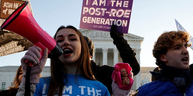 An anti-abortion demonstrator protests in front of the Supreme Court building, on the day arguments were heard in the Mississippi abortion rights case in Washington, Dec. 1, 2021.