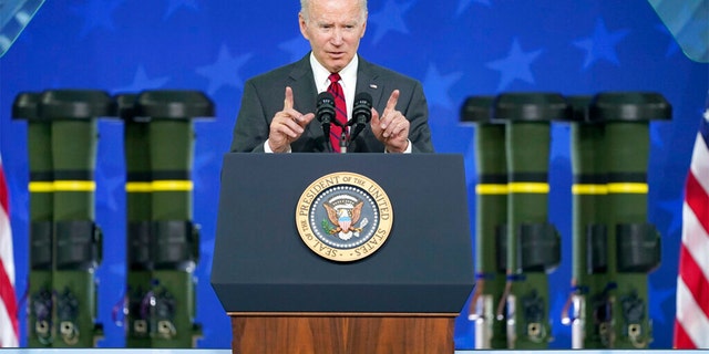 President Joe Biden speaks on security assistance to Ukraine during a visit to the Lockheed Martin Pike County Operations facility where they manufacture Javelin anti-tank missiles, Tuesday, May 3, 2022, in Troy, Ala.