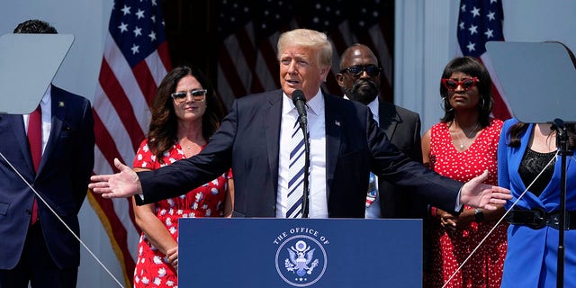 Former President Donald Trump speaks at Trump National Golf Club in Bedminster, N.J., Wednesday, July 7, 2021. 