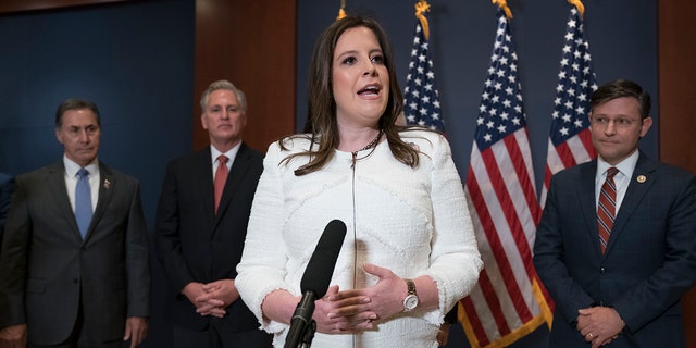 Rep. Elise Stefanik, R-N.Y., speaks to reporters at the Capitol in Washington, Friday, May 14, 2021, just after she was elected the new chair of the House Republican Conference, replacing Rep. Liz Cheney, R-Wyo. She is joined by, from left, Rep. Gary Palmer, R-Ala., House Minority Leader Kevin McCarthy, R-Calif., and Rep. Mike Johnson, R-La. 