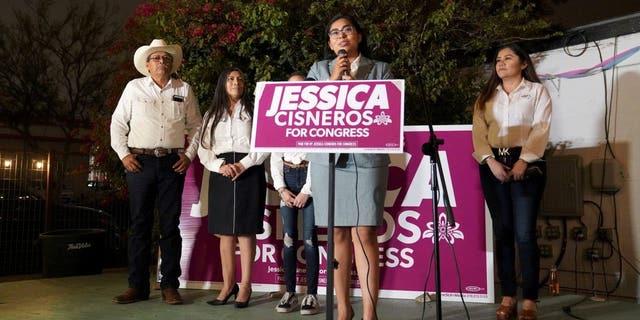 Democrat Jessica Cisneros, who is campaigning for a House seat, speaks during her watch party in Laredo, Texas, March 3, 2020. 