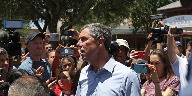 Democratic gubernatorial candidate Beto O'Rourke speaks to the press after he was kicked out for interrupting a news conference headed by Texas Gov. Greg Abbott in Uvalde, Texas, Wednesday, May 25, 2022.