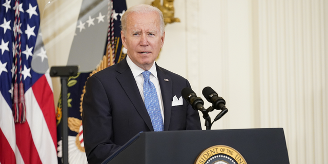 President Joe Biden speaks before presenting Public Safety Officer Medal of Valor awards to fourteen recipients, during an event in the East Room of the White House, on Monday, May 16.