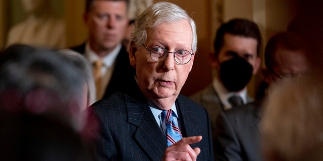 Senate Minority Leader Mitch McConnell, R-Ky., speaks to reporters after a Republican strategy meeting at the Capitol in Washington, Tuesday, Oct. 19, 2021.  