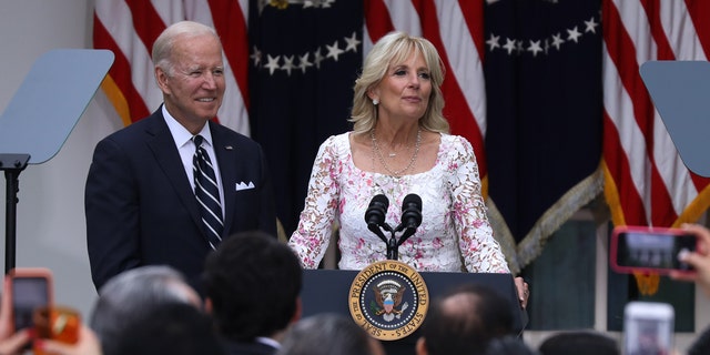 First lady Jill Biden speaks as President Biden hosts a Cinco de Mayo reception in the Rose Garden of the White House on Thursday, May 5, 2022.