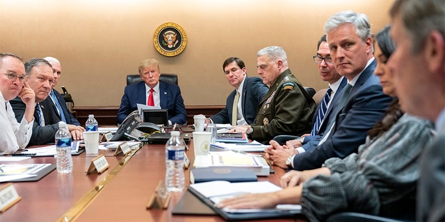 President Donald J. Trump, joined by Vice President Mike Pence, meets with senior White House advisors Tuesday evening, Jan. 7, 2020, in the Situation Room of the White House, on a further meeting about the Islamic Republic of Iran missile attacks on U.S. military facilities in Iraq. 