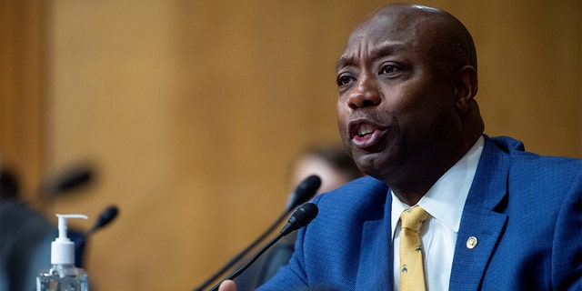 Sen. Tim Scott, R-S.C., questions Chris Magnus as he appears before a Senate Finance Committee hearing on his nomination to be the next U.S. Customs and Border Protection commissioner in the Dirksen Senate Office Building on Capitol Hill in Washington, D.C., Oct. 19, 2021. Rod Lamkey/Pool via REUTERS