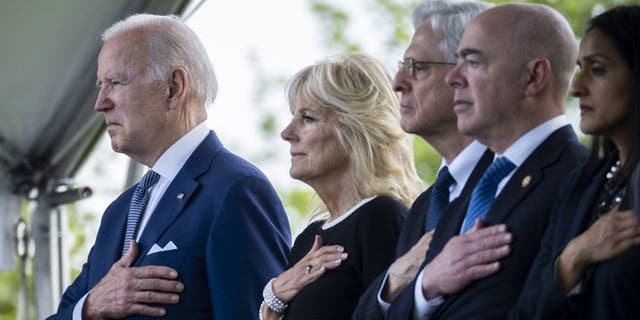 US President Joe Biden and First Lady Jill Biden during the National Peace Officers' Memorial Service on the West Front of the US Capitol in Washington, D.C., US, on Sunday, May 15, 2022. 