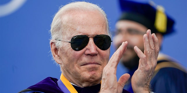 President Biden applauds during the University of Delaware Class of 2022 commencement ceremony in Newark, Del., Saturday, May 28, 2022. 