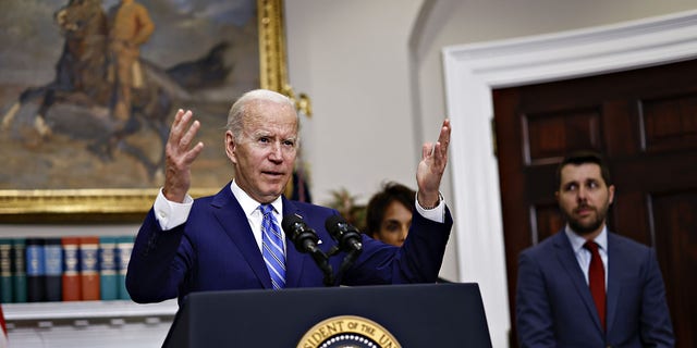 President Joe Biden speaks in the Roosevelt Room of the White House in Washington, D.C., U.S., on May 4, 2022. 