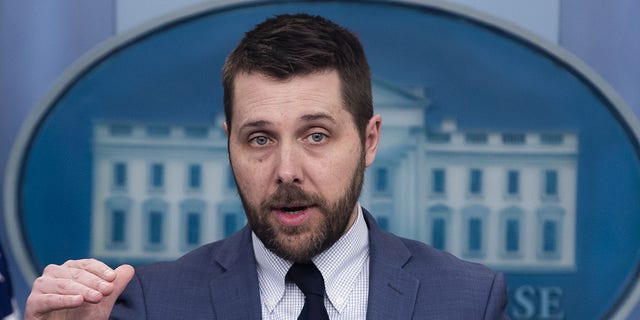 Brian Deese, director of the National Economic Council, speaks during a news conference at the White House in Washington, D.C., U.S., on March 31, 2022. 