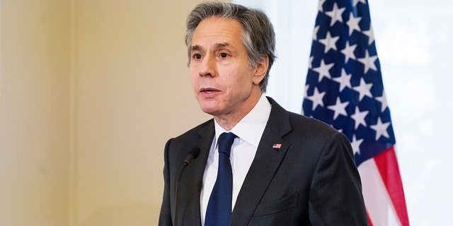 U.S. Secretary of State Antony Blinken speaks during a joint news conference with Estonian Prime Minister Kaja Kallas on the occasion of their meeting, in Tallinn, Estonia, on Tuesday, March 8, 2022.