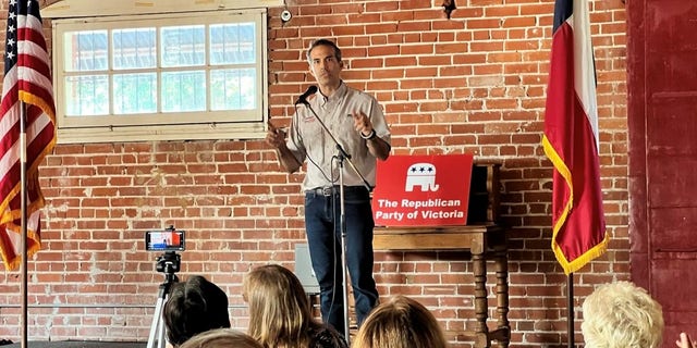 Texas Land Commissioner and Republican attorney general candidate George P. Bush campaigns in Victoria, Texas, on May 18, 2022.