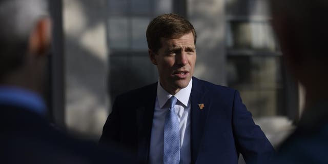 Democratic Senate candidate, Rep. Conor Lamb (D-PA) talks to the press after arriving at his polling location at Mellon Middle School on May 17, 2022 in Pittsburgh, Pennsylvania.