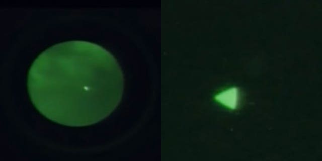 The Department of Defense showcased images of unidentified flying objects during a hearing on May 17, 2022. Pentagon officials said some objects that appeared in the shape of triangles were actually unmanned aerial vehicles. They appeared that way because they were observed through night-vision goggles, officials said.  