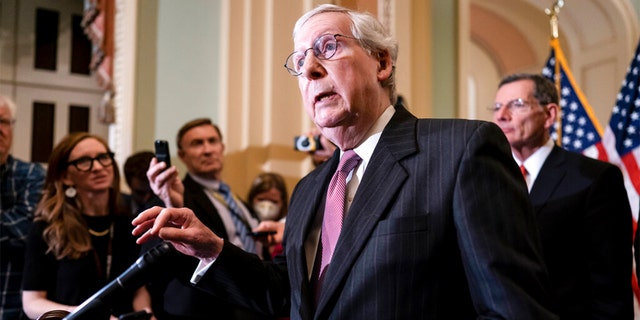 Senate Minority Leader Mitch McConnell, R-Ky., speaks to reporters ahead of a procedural vote on Wednesday to essentially codify Roe v. Wade, at the Capitol in Washington, Tuesday, May 10, 202
