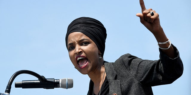 Rep. Ilhan Omar speaks at a "Black women in defense of Ilhan Omar" event on April 30, 2019, at the Capitol in Washington.