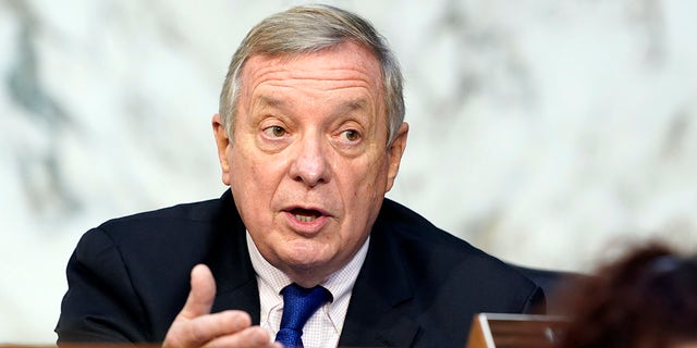 Sen. Dick Durbin, D-Ill., speaks before the Senate Judiciary Committee on the fourth days of hearing on Supreme Court nominee Amy Coney Barrett, Thursday, Oct. 15, 2020, on Capitol Hill in Washington. (AP Photo/Susan Walsh, Pool)