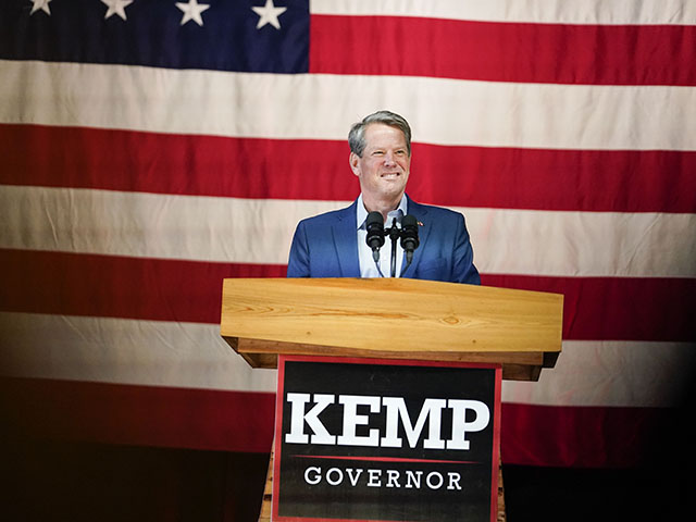 Georgia Gov. Brian Kemp speaks during a Get Out the Vote Rally, on Monday, May 23, 2022, in Kennesaw, Ga. Pence is opposing former President Donald Trump and his preferred Republican candidate for Georgia governor, former U.S. Sen. David Perdue. (AP Photo/Brynn Anderson)