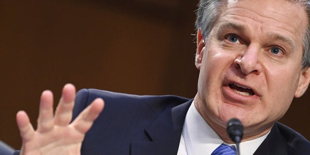 FBI Director Christopher Wray testifies before the Senate Judiciary Committee on Capitol Hill in Washington, Tuesday, March 2, 2021. (Mandel Ngan/Pool via AP)