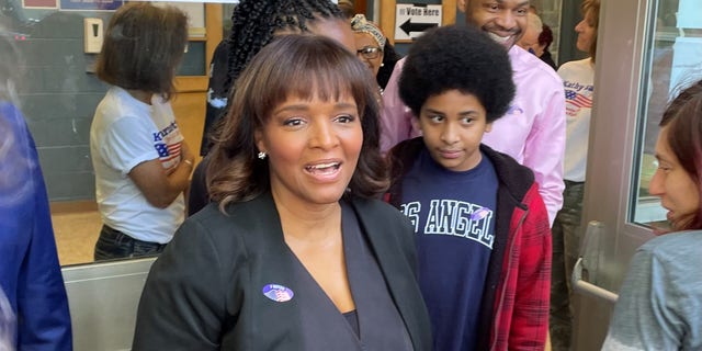 Republican Senate candidate Kathy Barnette departs a polling station in Lower Moreland Township, Pennsylvania after voting in the state's primary, on May 17, 2022