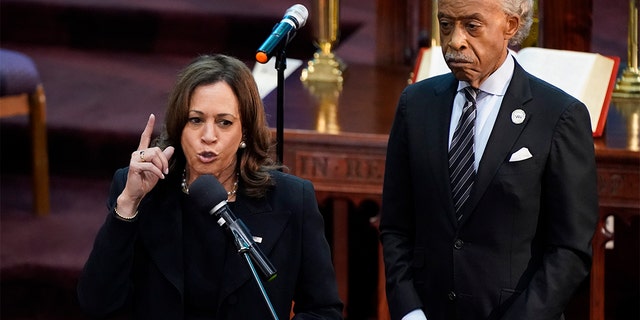 Vice President Kamala Harris speaks alongside the Rev. Al Sharpton during a memorial service for Ruth Whitfield, a victim of the Buffalo supermarket shooting, at Mt. Olive Baptist Church, Saturday, May 28, 2022, in Buffalo, N.Y.