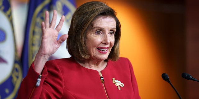 Speaker of the House Nancy Pelosi, D-Calif., meets with reporters at the Capitol in Washington, Wednesday, Sept. 8, 2021.