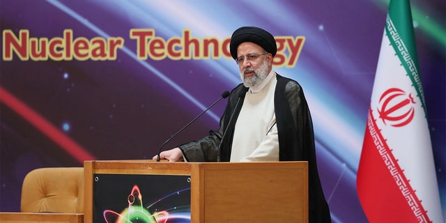 Iranian President Ebrahim Reisi makes a speech during his visit to an exhibition organized by the Atomic Energy Agency of Iran on the occasion of the National Nuclear Technology Day at the International Conference Center in Tehran, Iran on April 9, 2022. 