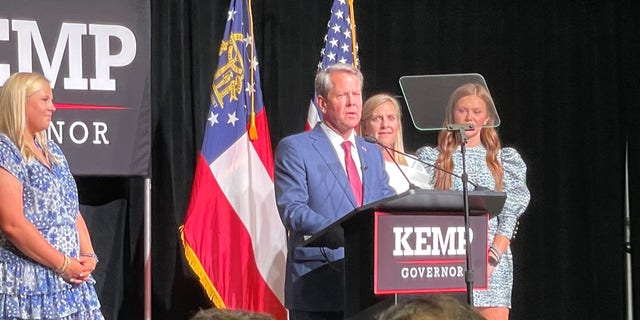 Republican Gov. Brian Kemp of Georgia celebrates his primary night victory, on May 24, 2022, in Atlanta.