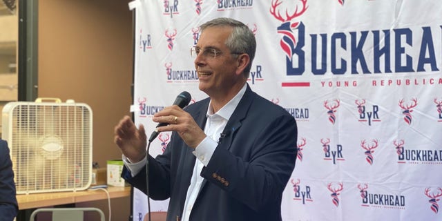 Georgia Secretary of State Brad Raffensperger speaks to the Buckhead Young Republicans, on May 19, 2022, in Atlanta.