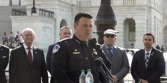 Gus Papathanasiou, United States Capitol Police Labor Committee chairman, speaks in front of the Capitol building about legislation that would help first responders purchase homes.