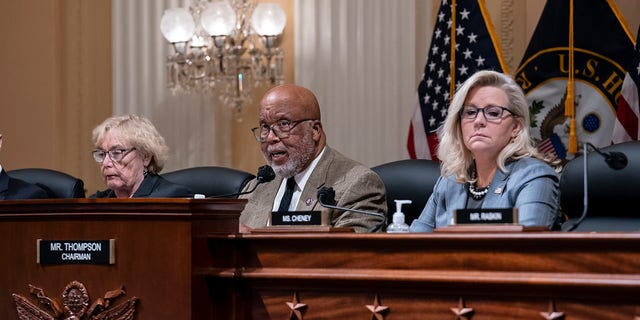 Chairman Bennie Thompson, D-Miss., center, flanked by Rep. Zoe Lofgren, D-Calif., left, and Vice Chair Liz Cheney, R-Wyo., makes a statement as the House committee investigating the Jan. 6 attack on the U.S. Capitol pushes ahead with contempt charges against former advisers to Donald Trump at the Capitol in Washington, Monday, March 28, 2022. 