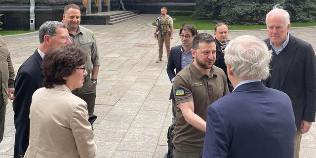 Senate Minority Leader Mitch McConnell, R-Ky., meets President Zelenskyy in Ukraine. Pictures were posted to Facebook on May 14, 2022, by Andrij Sybiha, a member of President Zelenskyy’s administration.