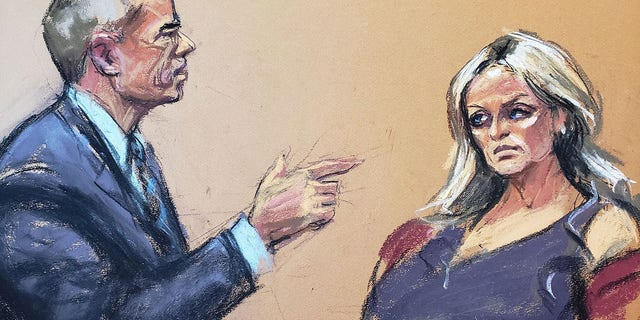 Former attorney Michael Avenatti, representing himself, cross-examines witness Stormy Daniels during his criminal trial at the United States Courthouse in the Manhattan borough of New York City, U.S., January 27, 2022, in this courtroom sketch. 