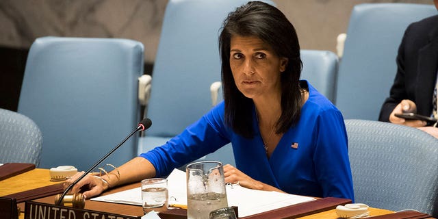 U.S. Ambassador to the United Nations Nikki Haley chairs a meeting of the U.N. Security Council at U.N. headquarters April 5, 2017, in New York City. 