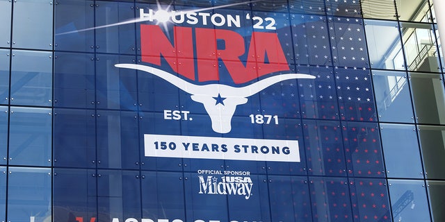Signage outside the National Rifle Association (NRA) annual convention in Houston, Texas, US, on Friday, May 27, 2022.