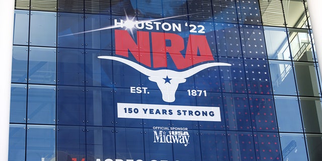 Signage outside the NRA annual convention in Houston, Texas, US, on Friday, May 27, 2022.