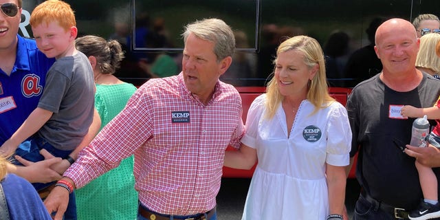 Georgia Gov. Brian Kemp addresses a get-out-the-vote rally on Saturday, May 21, 2022, in Watkinsville, Ga. The Republican Kemp is seeking to beat former U.S. Sen David Perdue and others in a Republican primary for governor on Tuesday, May 24, 2022. 