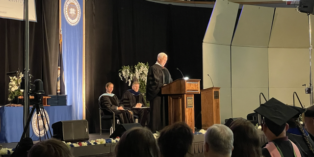 Former Vice President Mike Pence delivers the commencement address at Patrick Henry College in Virginia.