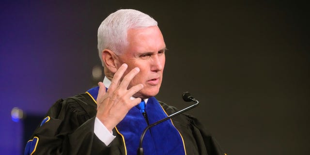 Former Vice President Mike Pence speaks to graduates of Columbia International University during commencement exercises on Saturday, April 30, 2022, in Columbia, S.C. 