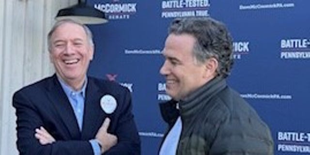 Former Secretary of State Mike Pompeo joins Republican Senate candidate Dave McCormick on the campaign trail in Danville, Pa., April 20, 2022