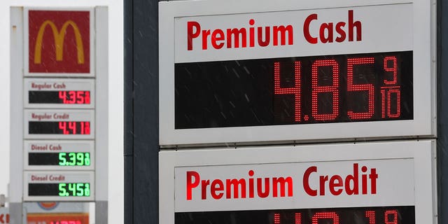 Gasoline prices are displayed at a gas station, following Russia's invasion of Ukraine, in Jersey City, New Jersey, U.S., March 9, 2022. REUTERS/Mike Segar