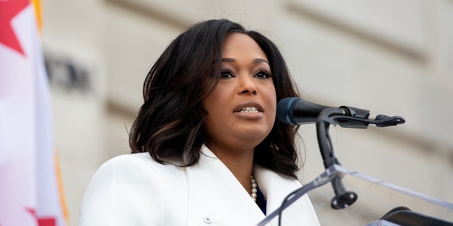 Janeese Lewis George speaks after being sworn in as a member of the Council of the District of Columbia, representing ward four, outside of the Wilson Building in Washington, D.C. on Saturday, January 2, 2021.