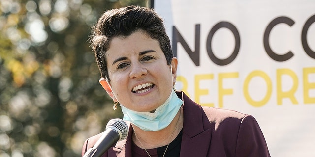 Jamie Manson of Catholics for Choice speaks at a protest at the U.S. Capitol on October 22, 2020 in Washington, DC.