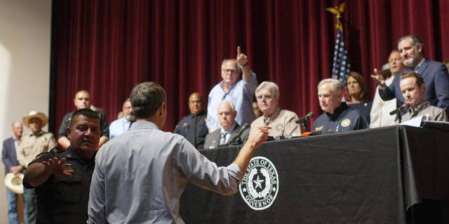 Democrat Beto O'Rourke interrupts a news conference headed by Texas Gov. Greg Abbott following the Uvalde school shooting. 