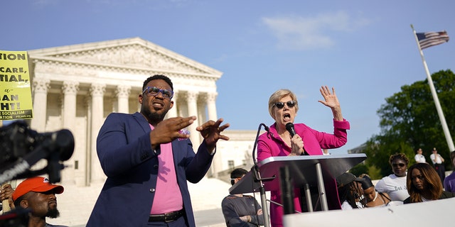 U.S. Sen. Elizabeth Warren (D-Mass.) was among Democrats who gathered outside the Supreme Court on Tuesday, May 3, 2022.