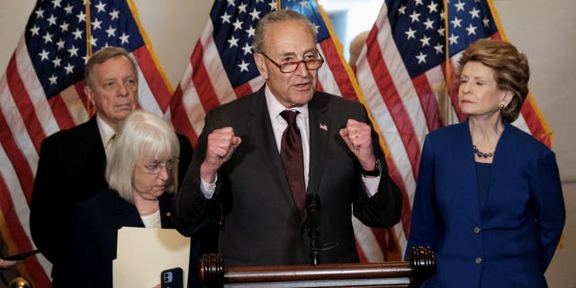 U.S. Senate Majority Leader Chuck Schumer speaks to reporters following the Senate Democrats weekly policy lunch at the U.S. Capitol in Washington, U.S., May 3, 2022. 