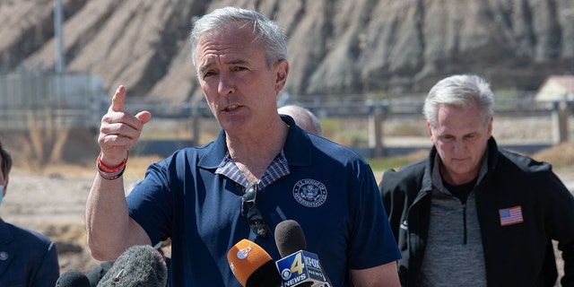 John Katko and Kevin McCarthy address the press during a congressional border delegation visit to El Paso, Texas on March 15, 2021.