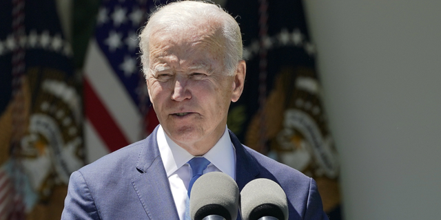 President Joe Biden speaks at an event on lowering the cost of high-speed internet in the Rose Garden of the White House on Monday, May 9.