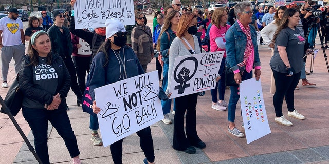 Abortion rights advocates gather outside the Oklahoma Capitol on Tuesday, April 5, 2022, in Oklahoma City, to protest several anti-abortion bills being considered by the GOP-led Legislature.